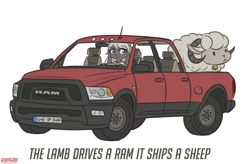 Size: 1764x1154 | Tagged: safe, artist:merqrous, bovid, caprine, lamb, mammal, sheep, anthro, feral, bell, car, driving, duo, english text, horns, male, number plate, pun, ram, ram trucks, simple background, truck, vehicle, watermark, white background