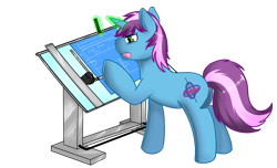 Size: 1484x900 | Tagged: safe, artist:azureenvelope, oc, oc only, oc:gyro tech, equine, fictional species, mammal, pony, unicorn, feral, friendship is magic, hasbro, my little pony, blue fur, blueprint, cutie mark, drafting table, ears, fur, green eyes, hooves, horn, magic, male, pencil, pink hair, purple hair, solo, solo male, table, tail, tongue, tongue out