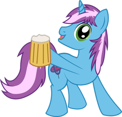 Size: 1280x1225 | Tagged: safe, artist:gyrotech, oc, oc only, oc:gyro tech, equine, fictional species, mammal, pony, unicorn, feral, friendship is magic, hasbro, my little pony, alcohol, arm out, blue fur, cider, cutie mark, drink, ears, fur, green eyes, hooves, horn, male, pink hair, purple hair, solo, solo male, tail, tankard