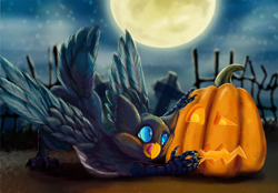 Size: 1280x890 | Tagged: safe, artist:phinja, oc, oc only, oc:azuki puddles, billed magpie, billed magpie gryphon, bird, corvid, feline, fictional species, gryphon, magpie, songbird, feral, blue eyes, food, graveyard, halloween, holiday, jack-o-lantern, moon, night, pumpkin, solo, tongue, tongue out, vegetables