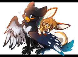 Size: 1806x1321 | Tagged: safe, artist:magenta7, oc, oc:azuki puddles, billed magpie, billed magpie gryphon, bird, canine, corvid, feline, fennec fox, fictional species, fox, gryphon, magpie, mammal, songbird, feral, beak, bird feet, blue eyes, duo, feathered wings, feathers, heart, love heart, open mouth, spread wings, tail, wings