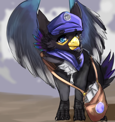 Size: 900x959 | Tagged: safe, artist:atokota, oc, oc only, oc:azuki puddles, billed magpie, billed magpie gryphon, bird, corvid, feline, fictional species, gryphon, magpie, mammal, songbird, feral, bag, beak, blue eyes, clothes, feathered wings, feathers, hat, magpie gryphon, mail, satchel, scarf, solo, spread wings, wings