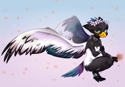 Size: 1280x898 | Tagged: safe, artist:36th, oc, oc only, oc:azuki puddles, billed magpie, bird, corvid, magpie, songbird, anthro, beak, feathered wings, feathers, solo, spread wings, tail, tail feathers, wings