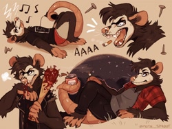 Size: 1280x960 | Tagged: safe, artist:moth sprout, mammal, marsupial, opossum, anthro, alcohol, beer, blood, bottomwear, brown hair, can, cigarette, clothes, club (weapon), container, drink, ears, glasses, hair, hairless tail, male, music, musical note, nail, nose piercing, open mouth, pants, paws, piercing, prehensile tail, shirt, signature, smoke, solo, solo male, tail, tongue, tongue out, topwear, whiskers