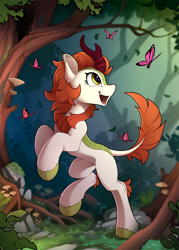 Size: 900x1260 | Tagged: safe, artist:yakovlev-vad, autumn blaze (mlp), arthropod, butterfly, equine, fictional species, insect, kirin, mammal, feral, friendship is magic, hasbro, my little pony, 2019, cloven hooves, digital art, forest, hair, hooves, horn, mane, outdoors, solo focus, tail, tree, ungulate, yellow eyes