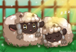 Size: 1070x726 | Tagged: safe, artist:caramel-kitteh, bovid, caprine, fictional species, mammal, sheep, wooloo, feral, nintendo, pokémon, duo, eyes closed, outdoors, pasture, signature, sleeping, zzz