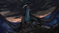 Size: 1500x844 | Tagged: safe, artist:themefinland, dragon, fictional species, reptile, western dragon, feral, ambiguous gender, cloud, horns, open mouth, outdoors, red eyes, scales, sharp teeth, signature, solo, solo ambiguous, spread wings, teeth, webbed wings, wings