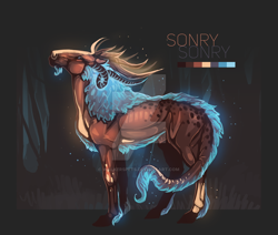 Size: 800x679 | Tagged: safe, artist:walkerpets, oc, oc only, oc:sonry, equine, horse, mammal, feral, antlers, blue body, color palette, colour palette, glowing, hair, horn, horns, mane, obtrusive watermark, side view, solo, tail, watermark