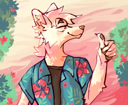 Size: 2000x1640 | Tagged: safe, artist:rhiz, canine, mammal, anthro, 2019, aloha shirt, clothes, male, shirt, smiling, solo, solo male, thumbs up, topwear