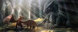 Size: 1800x744 | Tagged: safe, artist:archir, dragon, fictional species, human, mammal, reptile, western dragon, feral, claws, fangs, gold, group, horns, lying down, macro, open mouth, prone, red eyes, reptile feet, scenery, scenery porn, sharp teeth, size difference, spread wings, standing, sunbeam, sword, tail, teeth, treasure, trio, webbed wings, wings