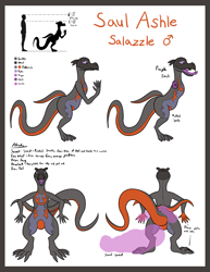 Size: 2083x2695 | Tagged: safe, artist:gyrotech, oc, oc only, oc:saul ashle, fictional species, lizard, reptile, salazzle, semi-anthro, nintendo, pokémon, gray scales, high res, male, open mouth, orange scales, pheremones, pink eyes, purple flesh, reference sheet, scales, size comparison, slit pupils, solo, solo male, tail