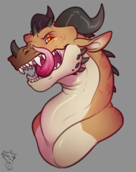 Size: 1008x1280 | Tagged: safe, artist:missyaziel, oc, oc only, oc:malfaren, dragon, fictional species, ambiguous form, bust, gray background, horns, licking lips, open mouth, portrait, sharp teeth, simple background, solo, teeth, tongue, tongue out