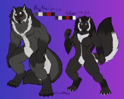 Size: 1280x1024 | Tagged: safe, artist:silver, oc, oc:rhykher (silver), oc:silver (silver), canine, fictional species, mammal, werewolf, anthro, digitigrade anthro, abs, breasts, cheek fluff, chest fluff, claws, color palette, colour palette, duo, fangs, featureless breasts, featureless crotch, female, fluff, front view, gradient background, head fluff, leg fluff, looking at you, male, muscles, nudity, paw pads, paws, pubic fluff, red eyes, reference sheet, signature, size difference, standing, tail, tail fluff, teeth