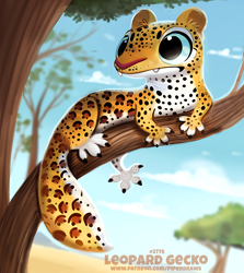 Size: 650x729 | Tagged: safe, artist:cryptid-creations, big cat, feline, gecko, hybrid, leopard, leopard gecko, lizard, mammal, reptile, feral, ambiguous gender, blue eyes, blue sclera, branch, claws, cloud, colored sclera, day, ear fluff, fangs, fluff, outdoors, plant, pun, reptile soles, sky, soles, solo, solo ambiguous, teeth, tree, visual pun