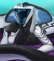 Size: 1125x1280 | Tagged: safe, artist:acidic, cobra, fictional species, reptile, snake, anthro, naga, bed, black body, blue eyes, blue tongue, breasts, bust, colored tongue, detailed, fangs, female, forked tongue, licking, looking at you, maw, mawshot, on bed, open mouth, saliva, saliva trail, scales, sharp teeth, slit pupils, smiling, smiling at you, snake tail, snake tongue, solo, solo female, tail, teeth, throat, tongue, tongue out, white body