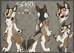 Size: 1280x923 | Tagged: safe, artist:brookibrooki, oc, oc only, oc:spark, canine, mammal, wolf, anthro, digitigrade anthro, 2015, abstract background, cheek fluff, chest fluff, claws, color palette, colored sclera, colour palette, disgusted, fluff, front view, licking lips, looking at you, male, open mouth, paw pads, paws, raised leg, rear view, reference sheet, sharp teeth, signature, solo, solo male, standing, teeth, tongue, tongue out, whiskers, yellow eyes, yellow sclera