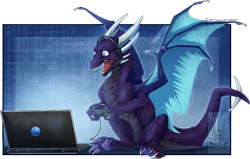 Size: 968x615 | Tagged: safe, artist:twilightsaint, dragon, fictional species, reptile, scaled dragon, western dragon, anthro, claws, controller, headset, horns, laptop, looking at something, sitting, solo, spread wings, tail, webbed wings, wings