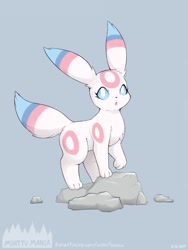 Size: 960x1280 | Tagged: safe, artist:loimu, oc, oc only, oc:minttu (loimu), eeveelution, fictional species, hybrid, mammal, sylveon, umbreon, feral, nintendo, pokémon, 2018, :o, alternate coloration, blue eyes, eyelashes, female, fur, long ears, looking at you, paws, rock, simple background, solo, solo female, tail, watermark, white pupils
