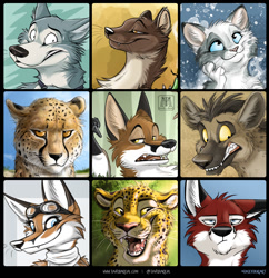 Size: 1300x1342 | Tagged: safe, artist:tanidareal, big cat, bird, canine, cat, cheetah, feline, fox, goose, hyena, leopard, mammal, mustelid, red fox, waterfowl, wolf, ambiguous form, faceyourart, ambiguous gender, blue eyes, brown eyes, bust, cheek fluff, fangs, fluff, goggles, group, head fluff, looking at you, open mouth, portrait, sharp teeth, teeth, whiskers, yellow eyes