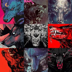 Size: 2048x2048 | Tagged: safe, artist:wolfskulljack, canine, human, mammal, wolf, ambiguous form, faceyourart, 1:1, abstract background, ambiguous gender, angry, breasts, bust, empty eyes, female, gritted teeth, group, high res, multiple eyes, portrait, red background, saliva, sharp teeth, sideboob, simple background, snarling, teeth, tongue, tongue out