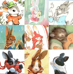 Size: 989x998 | Tagged: safe, artist:jenniferlmeyer, lagomorph, mammal, rabbit, anthro, feral, semi-anthro, faceyourart, 2019, bipedal, bottomless, clock, clothes, dot eyes, fur, glasses, gloves, group, hug, long ears, mug, nudity, partial nudity, scarf, size difference, steam, tail, whiskers, young