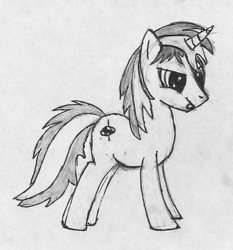 Size: 1351x1451 | Tagged: safe, artist:gyrotech, oc, oc only, oc:gyro tech, equine, fictional species, mammal, pony, unicorn, feral, friendship is magic, hasbro, my little pony, :p, cutie mark, ears, fur, hooves, horn, male, monochrome, solo, solo male, tail, tongue, tongue out