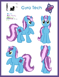 Size: 2897x3750 | Tagged: safe, artist:gyrotech, oc, oc only, oc:gyro tech, equine, fictional species, mammal, pony, unicorn, feral, friendship is magic, hasbro, my little pony, blue fur, cutie mark, ears, fur, green eyes, high res, hooves, horn, male, pink hair, purple hair, reference sheet, size comparison, solo, solo male, tail