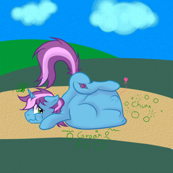 Size: 1600x1600 | Tagged: suggestive, artist:kassc, oc, oc only, oc:gyro tech, equine, fictional species, mammal, pony, unicorn, feral, friendship is magic, hasbro, my little pony, 1:1, blue fur, cutie mark, ears, fur, green eyes, heart, hooves, horn, hyper, hyper belly, impossible fit, love heart, male, pink hair, purple hair, solo, solo male, stomach bulge, tail, vore