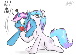 Size: 1500x1080 | Tagged: suggestive, artist:shrabby, oc, oc:gyro tech, oc:vorepone, earth pony, equine, fictional species, mammal, pony, unicorn, feral, comic:cutiemark assimilation, friendship is magic, hasbro, my little pony, blue fur, cork, cutie mark, duo, ears, fangs, fur, green eyes, hooves, horn, impossible fit, male, open mouth, oral vore, pink hair, purple hair, sharp teeth, simple background, tail, teeth, vore, white background