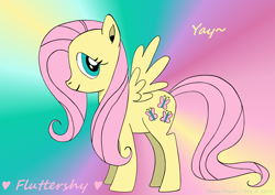 Size: 7016x4980 | Tagged: safe, artist:moon flower, fluttershy (mlp), arthropod, butterfly, equine, fictional species, insect, mammal, pegasus, pony, feral, series:moon flower's fluttershy, friendship is magic, hasbro, my little pony, 2016, absurd resolution, colored, cutie mark, cyan eyes, digital art, digital colouring, female, fur, gimp, gradient background, hair, heart, hooves, looking at you, mane, mixed media, on model, pencil drawing, pink hair, pink tail, side view, signature, smiling, solo, solo female, spread wings, standing, tail, traditional art, tutorial result, wings, yay, yellow fur