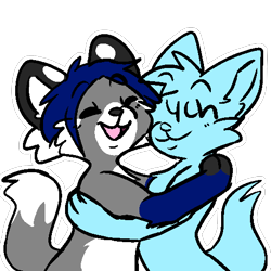 Size: 512x512 | Tagged: safe, artist:kingkitsune, oc, oc only, oc:cole (linuxpony), canine, fox, hybrid, mammal, anthro, 1:1, cheek fluff, chest fluff, commission, duo, eyes closed, fluff, hug, hugging, male, open mouth, simple background, smiling, tail, telegram sticker, transparent background, white outline, ych