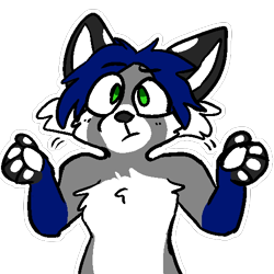 Size: 512x512 | Tagged: safe, artist:kingkitsune, oc, oc only, oc:cole (linuxpony), canine, fox, hybrid, mammal, anthro, cheek fluff, chest fluff, commission, fluff, front view, green eyes, looking at you, male, paw pads, paws, shrug, simple background, solo, solo male, telegram sticker, transparent background, white outline