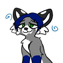 Size: 512x512 | Tagged: safe, artist:kingkitsune, oc, oc only, oc:cole (linuxpony), canine, fox, hybrid, mammal, anthro, 1:1, blue hair, cheek fluff, chest fluff, colored pupils, commission, fluff, green eyes, hair, head fluff, male, simple background, smiling, socks (leg marking), solo, solo male, telegram sticker, tired, transparent background, white outline