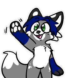 Size: 512x512 | Tagged: safe, artist:kingkitsune, oc, oc only, oc:cole (linuxpony), canine, fox, hybrid, mammal, anthro, cheek fluff, chest fluff, commission, fluff, front view, green eyes, male, open mouth, paw pads, paws, simple background, smiling, solo, solo male, tail, telegram sticker, transparent background, waving, white outline