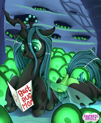 Size: 650x792 | Tagged: safe, artist:empressbridle, queen chrysalis (mlp), arthropod, changeling, changeling queen, equine, fictional species, mammal, pony, feral, friendship is magic, hasbro, my little pony, 2020, card, changeling egg, changeling hive, colored pupils, colored sclera, cute, dock, egg, female, green eyes, horn, lying down, mother, mother's day, prone, reading, slit pupils, smiling, solo, solo female, tail, watermark, webbed wings, wings