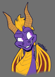 Size: 673x938 | Tagged: safe, artist:justautumn, spyro the dragon (spyro), dragon, fictional species, reptile, western dragon, feral, spyro the dragon (series), 2019, 2d, bust, front view, gray background, horns, looking sideways, male, no pupils, simple background, smiling, solo, solo male, spines, teeth, webbed wings, wings