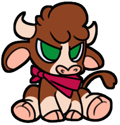 Size: 284x297 | Tagged: safe, artist:littlebraineater, arizona cow (tfh), bovid, cattle, cow, mammal, feral, them's fightin' herds, 2020, bandanna, chibi, cloven hooves, cute, female, floppy ears, front view, green eyes, hooves, horns, low res, no pupils, simple background, sitting, solo, solo female, tail, transparent background, white outline