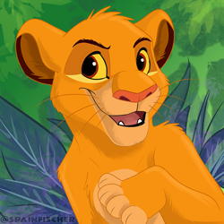 Size: 740x740 | Tagged: safe, artist:spain fischer, simba (the lion king), big cat, feline, lion, mammal, feral, disney, the lion king, 2017, brown eyes, bust, cheek fluff, chest fluff, colored sclera, complete nudity, countershade face, countershade torso, countershading, eyebrows, fangs, fluff, fur, head fluff, leaf, looking left, looking sideways, male, nostrils, nudity, open mouth, paws, plant, red eyes, shoulder fluff, signature, solo, solo male, teeth, three-quarter view, tongue, whiskers, yellow sclera, young