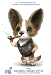Size: 600x873 | Tagged: safe, artist:cryptid-creations, canine, cardigan welsh corgi, corgi, dog, mammal, welsh corgi, feral, 2018, ambiguous gender, big ears, bipedal, bottomless, bubble pipe, chibi, clothes, ears, fangs, lidded eyes, nostrils, nudity, partial nudity, paw pads, paws, pun, signature, solo, solo ambiguous, tail, teal eyes, underpaw, visual pun, watermark
