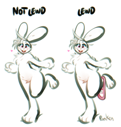 Size: 1053x1106 | Tagged: safe, artist:panken, lagomorph, mammal, rabbit, anthro, digitigrade anthro, 2019, ambiguous gender, chest fluff, fluff, front view, hair, heart, long ears, looking at you, magenta eyes, nudity, open mouth, panties around leg, partial nudity, signature, solo, solo ambiguous, tail, teeth