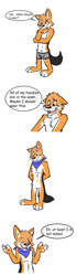 Size: 1192x4240 | Tagged: safe, artist:ruskeydoodles, oc, oc only, oc:alphie (ruskeydoodles), canine, jackal, mammal, anthro, plantigrade anthro, 2018, bandanna, chest fluff, clothes, colored sclera, comic, eyes closed, featureless crotch, floppy ears, fluff, high res, male, monologue, nudity, open mouth, partial nudity, paws, scar, shrug, solo, solo male, speech bubble, tail, talking, underwear, whiskers, yellow sclera