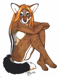 Size: 2480x3260 | Tagged: suggestive, artist:terrie smith, canine, jackal, mammal, side-striped jackal, anthro, plantigrade anthro, 2003, barefoot, breasts, brown eyes, butt, claws, featureless breasts, female, fluff, fluffy, fluffy tail, hair, high res, long hair, looking at you, nudity, simple background, sitting, solo, solo female, tail, traditional art, white background
