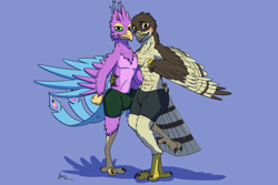 Size: 3000x2000 | Tagged: safe, artist:doesnotexist, oc, oc:gyro feather, oc:gyro feather (bird), oc:lief woodcock, bird, bird of prey, eurasian sparrowhawk, galliform, hawk, peafowl, sparrowhawk, anthro, 2020, beak, bulge, clothes, duo, feathers, green eyes, high res, male, nostrils, scarf, simple background, tail, tail feathers