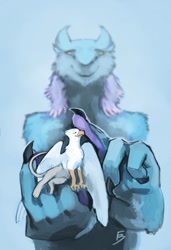 Size: 877x1280 | Tagged: safe, artist:greiser, oc, oc:der, oc:gyro feather, oc:gyro feather (sergal), bird, feline, fictional species, gryphon, mammal, sergal, anthro, feral, 2018, beak, bird feet, blue fur, blurred background, claws, close-up, countershading, duo, ears, eyes closed, green eyes, male, micro, nostrils, petting, purple hair, simple background, size difference, smiling, tail