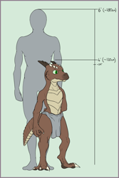 Size: 1333x2000 | Tagged: safe, artist:doesnotexist, furbooru exclusive, oc, oc only, oc:bryce daeless, oc:bryce daeless (kobold), fictional species, kobold, reptile, anthro, digitigrade anthro, 2020, claws, clothes, green eyes, green sclera, horns, loincloth, male, partial nudity, reference sheet, scales, silhouette, size comparison, slit pupils, solo, solo male, species swap, standing, tail, three-quarter view, topless