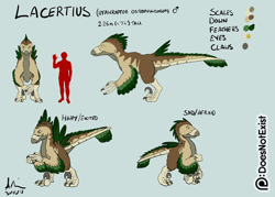 Size: 2000x1428 | Tagged: safe, artist:doesnotexist, oc, oc only, oc:lacertius (doesnotexist), dinosaur, feathered dinosaur, raptor, reptile, theropod, utahraptor, feral, 2017, feathers, male, reference sheet, solo, solo male, tail