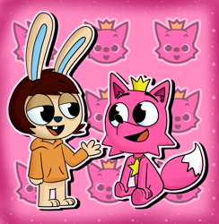 Size: 1668x1710 | Tagged: safe, artist:dogepan, pinkfong (pinkfong), oc, oc:peeps, canine, fox, lagomorph, mammal, rabbit, anthro, pinkfong, 2020, 3 toes, clothes, color porn, crown, duo, duo male, hair, hoodie, jewelry, male, males only, necklace, paws, pink fur, sitting, tail, teeth, topwear