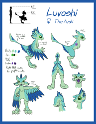 Size: 2083x2695 | Tagged: safe, artist:gyrotech, oc, oc only, oc:luvashi, avali, fictional species, semi-anthro, 2018, blue feathers, color palette, colored tongue, crying, feathers, female, four ears, front view, green eyes, green feathers, grin, high res, open mouth, purple tongue, rear view, reference sheet, sharp teeth, side view, silhouette, simple background, size comparison, solo, solo female, tail, teeth, tongue, white background