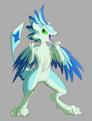 Size: 920x1204 | Tagged: safe, artist:fronomeeps, oc, oc only, oc:luvashi, avali, fictional species, semi-anthro, 2018, blue feathers, claws, colored tongue, dewclaw, feathers, female, four ears, green eyes, green feathers, open mouth, purple tongue, solo, solo female, tail, tongue