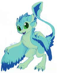 Size: 2321x2950 | Tagged: safe, artist:gyrotech, artist:shazzykatana, oc, oc only, oc:luvashi, avali, fictional species, semi-anthro, 2018, blue feathers, color edit, colored tongue, feathers, female, four ears, green eyes, green feathers, high res, purple tongue, sharp teeth, signature, simple background, solo, solo female, tail, teeth, tongue, white background